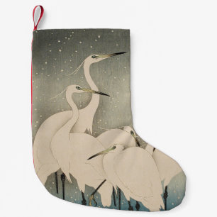 Petite Chaussette De Noël Chinoiserie Aigrette Blanche Motif Neige d'Hiver
