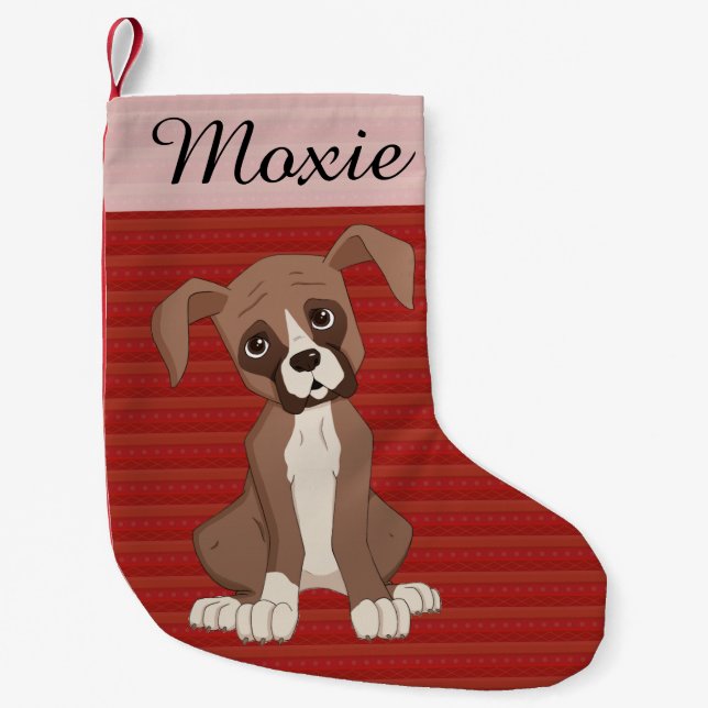 Petite Chaussette De Noël Chiot de boxe sur un Motif de Noël rouge (Devant)