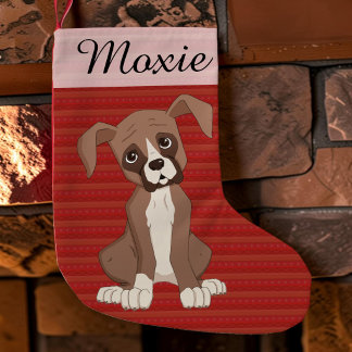 Petite Chaussette De Noël Chiots Boxer sur un motif de Noël rouge