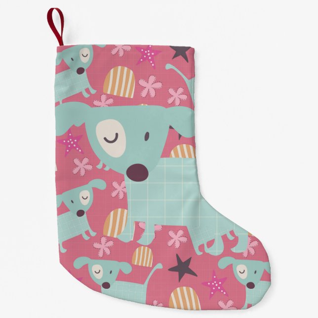 Petite Chaussette De Noël Chiots, étoiles et fleurs (Devant)