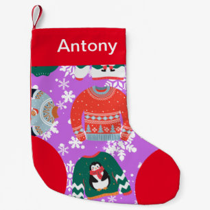 Petite Chaussette De Noël Chirstmas mignon motif Penguin neige violette