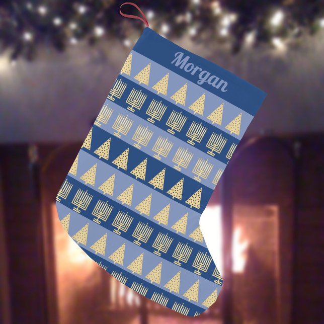 Petite Chaussette De Noël Chrismukkah Gold Menorah Tree Stripes Motif (Add your child's name to this fun interfaith holidays Hanukkah Christmas stocking)