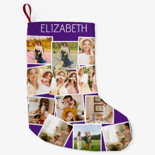 Petite Chaussette De Noël Christmas Photo Collage Nom personnalisable Purple