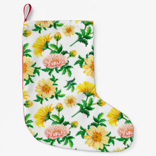 Petite Chaussette De Noël Chrysanthèmes aquarelle. Fleurs jaunes avec gre