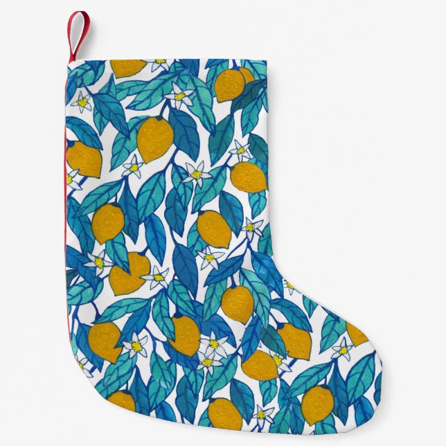 Petite Chaussette De Noël Citron fleuri : Aquarelle Florale Design. (Devant)
