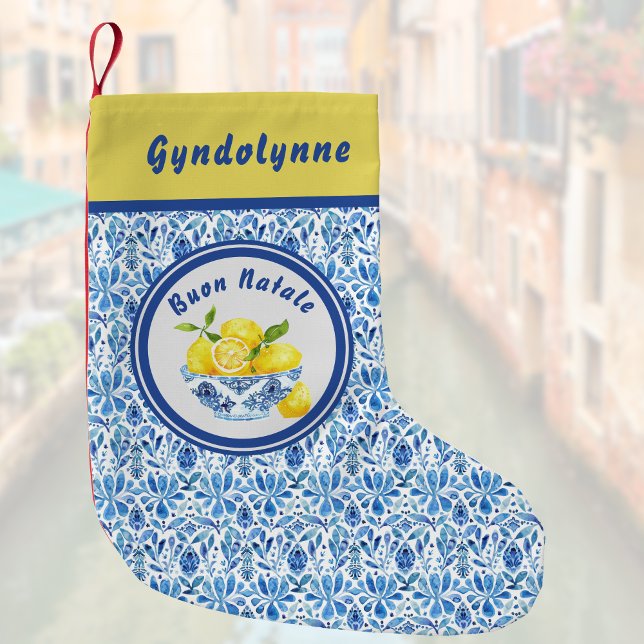 Petite Chaussette De Noël Citron Méditerranée Buon Natale Azulejo Toile Bleu (Créateur téléchargé)