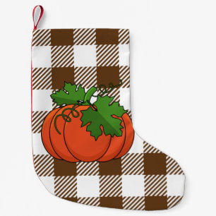 Petite Chaussette De Noël Citrouille orange sur Motif Brown blanc À damiers