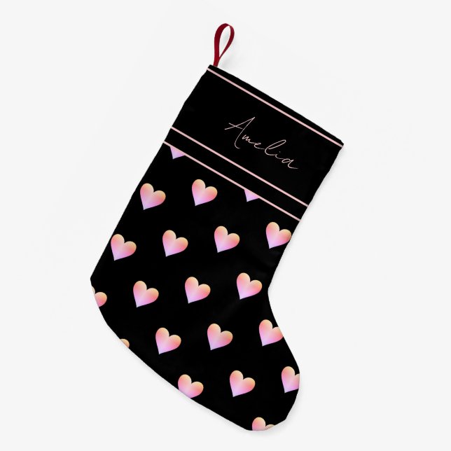 Petite Chaussette De Noël Coeurs modernes rose noir Personnalisé (Devant (Accrochage))