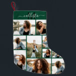 Petite Chaussette De Noël Collage photo personnalisé Nom du monogramme initi<br><div class="desc">Ce stock de Noël mignon et cool est parfait pour chaque membre de votre famille. Faites un inventaire spécial et customisé pour votre décor de vacances. Il dispose de neuf photo collage personnalisable avec un nom monogramme personnalisé initial en vert foncé et blanc sur un simple arrière - plan vert...</div>