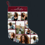 Petite Chaussette De Noël Collage photo personnalisé Nom du monogramme initi<br><div class="desc">Ce stock de Noël mignon et cool est parfait pour chaque membre de votre famille. Faites un inventaire spécial et customisé pour votre décor de vacances. Il dispose de neuf photo collage personnalisable avec un nom monogramme personnalisé initial en bordeaux foncé et blanc sur un simple arrière - plan rouge...</div>