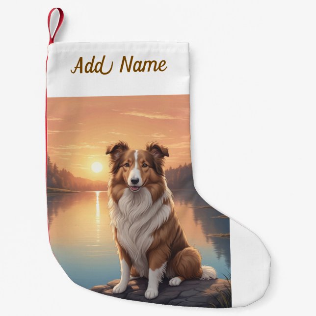 Petite Chaussette De Noël Collie au bord du lac (Devant)