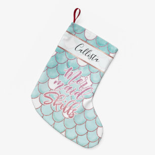 Petite Chaussette De Noël Compétences de sirène Motif d'aquarelle bleu rose