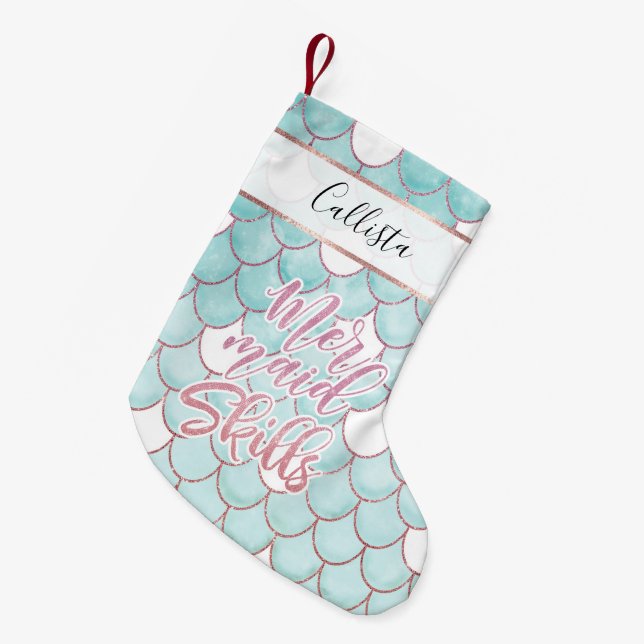 Petite Chaussette De Noël Compétences de sirène Motif d'aquarelle bleu rose (Devant (Accrochage))