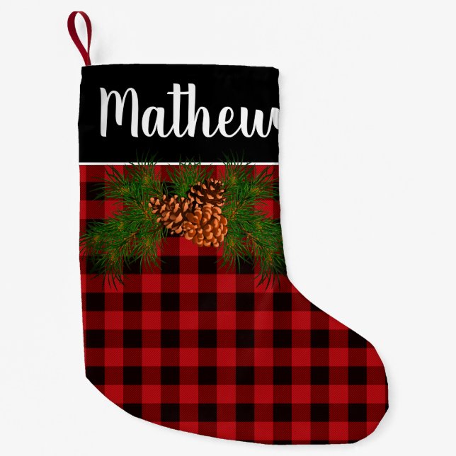 Petite Chaussette De Noël cône de pin rouge rouge rustique en plaid personna (Devant)