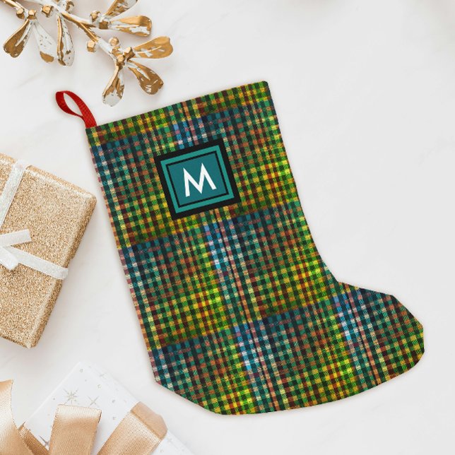 Petite Chaussette De Noël Cool Vert Tartan En vichy Motif Noir Monogramme (Créateur téléchargé)