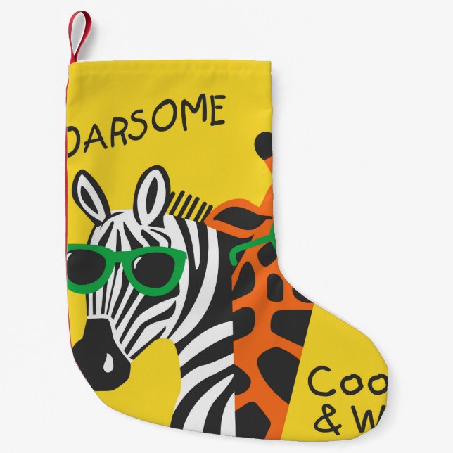 Petite Chaussette De Noël Cool zèbre et girafe portant des lunettes sur jaun (Devant)