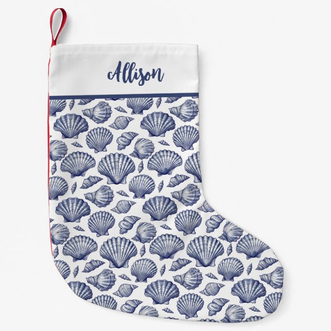 Petite Chaussette De Noël Coquillages nautiques Noël Stocking Bleu Blanc (Devant)