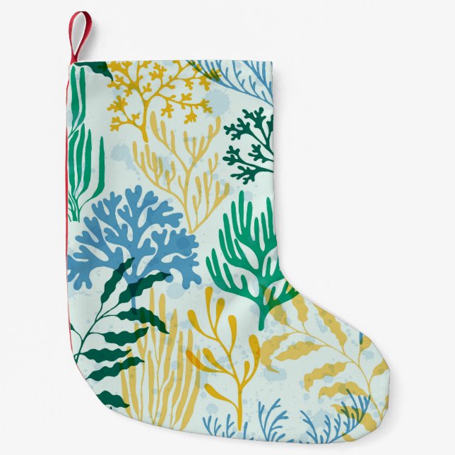 Petite Chaussette De Noël Corail Reef, Algues Motif sans mer. (Devant)