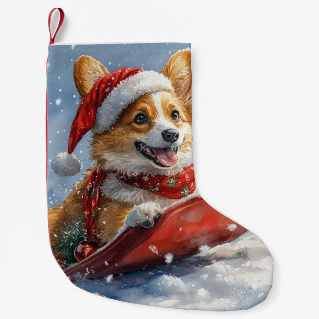 Petite Chaussette De Noël Corgi Dog in Sledge laissez passer Noël (Devant)
