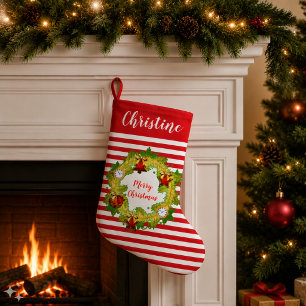 Petite Chaussette De Noël Couronne de Noël personnalisée & motif rayure roug