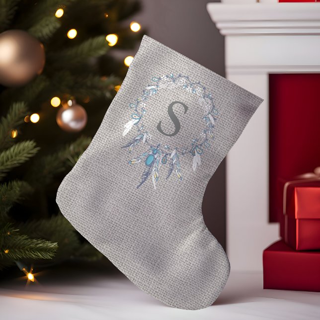 Petite Chaussette De Noël Couronne de plumes rustique boho avec monogramme (Créateur téléchargé)