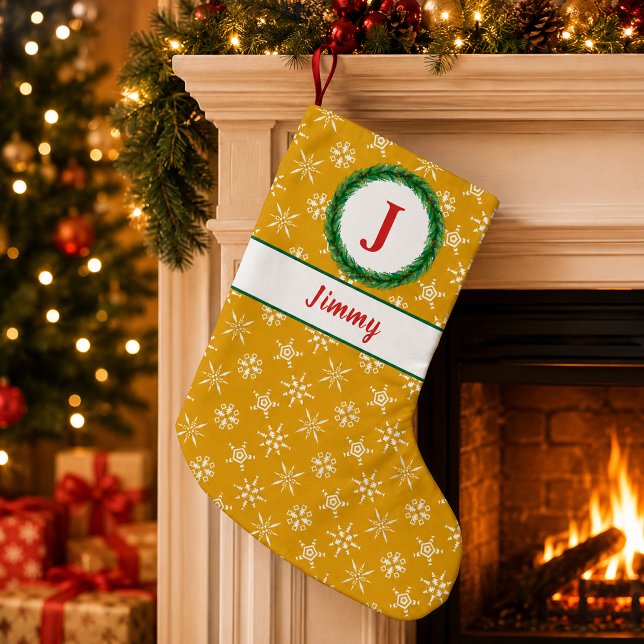 Petite Chaussette De Noël Couronne Monogramme Votre Nom Or et Flocons de Nei (Wreath Monogram Your Name Gold & White Snowflakes Small Christmas Stocking)