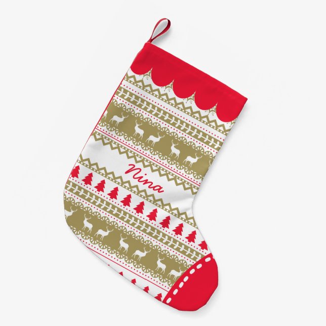 Petite Chaussette De Noël Coutume rouge de motif d'or folklorique nordique (Devant (Accrochage))