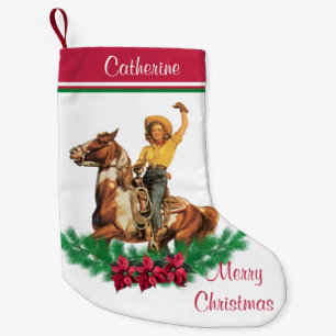 Petite Chaussette De Noël Cow-girl sur le cheval avec le Joyeux Noël de