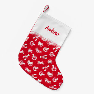Petite Chaussette De Noël Crabe et homard à motifs rouge et blanc