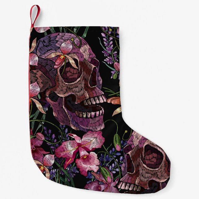 Petite Chaussette De Noël Crâne brodé : Motif gothique de l'orchidée (Devant)