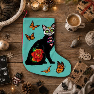 Petite Chaussette De Noël Crâne de Sucre Chat Noir Rose Turquoise Cœur