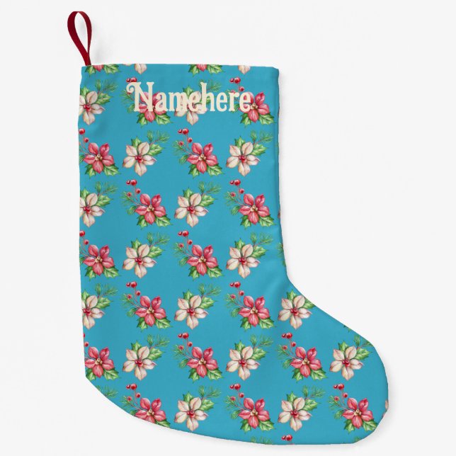 Petite Chaussette De Noël Créez votre propre rose et blanc Poinsettia Bleu (Devant)