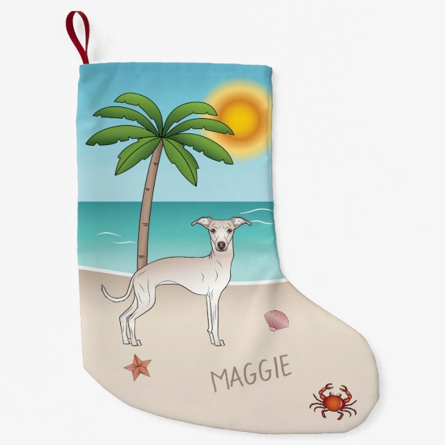Petite Chaussette De Noël Crème Greyhound Italien À Tropical Summer Beach (Devant)