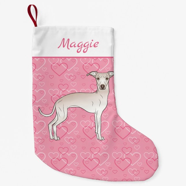 Petite Chaussette De Noël Crème Italien Greyhound Chien Cute Sur Coeur Rose (Devant)