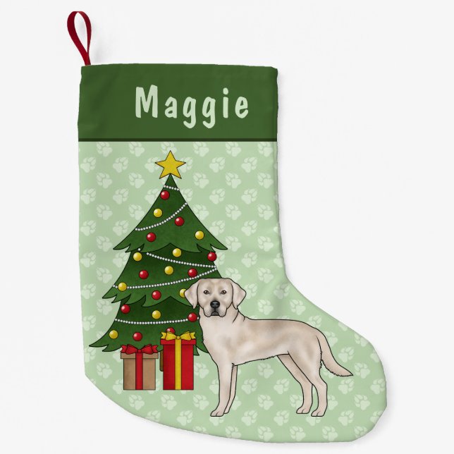 Petite Chaussette De Noël Creme Labrador Retriever Chien avec arbre de Noël (Devant)