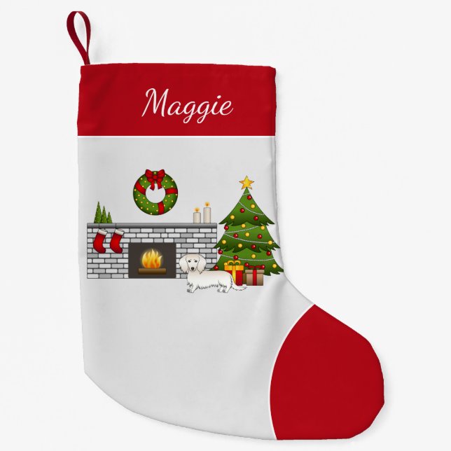 Petite Chaussette De Noël Creme longs cheveux Dachshund mignonne chien salon (Devant)