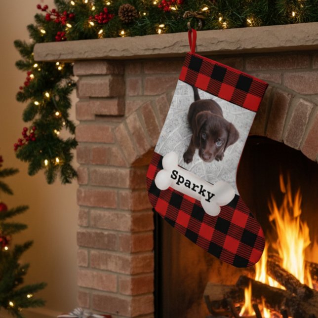 Petite Chaussette De Noël Cuisine Buffalo Plaid Pet Chien Photo personnalisé (Créateur téléchargé)