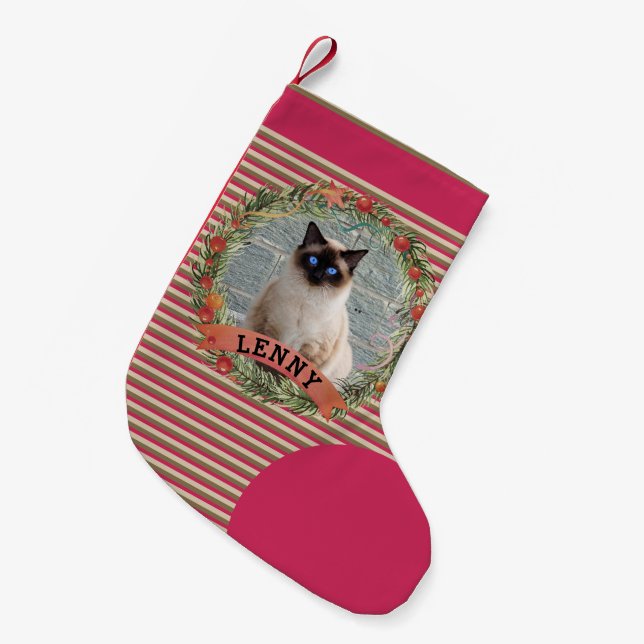 Petite Chaussette De Noël Cute animal de compagnie photo chat Berry Wreath N (Devant (Accrochage))