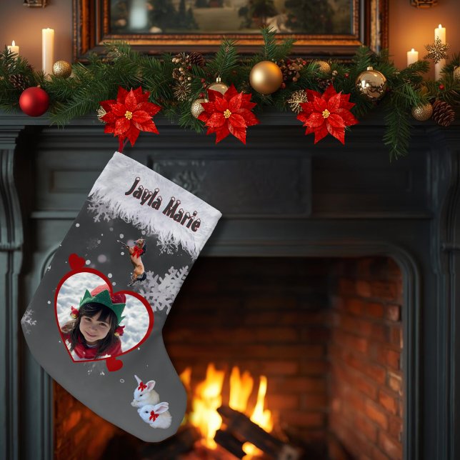 Petite Chaussette De Noël Cute Animal Lover Girl's Christmas Wish 2-Photo (Cute animal lover's photo Christmas stocking with faux fur, snowflakes, horse and bunnies)