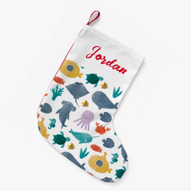 Petite Chaussette De Noël Cute Aquarelle Océan Animaux Motif (Devant (Accrochage))