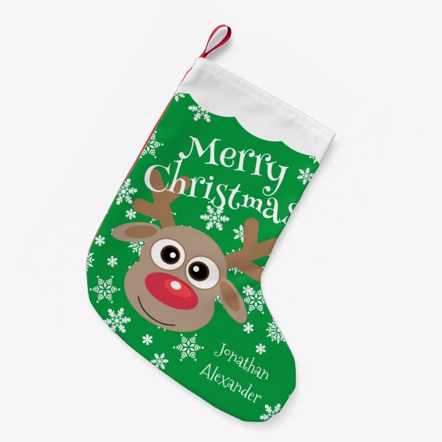 Petite Chaussette De Noël Cute Cartoon Reindeer White Snowflakes Green Name (Devant (Accrochage))