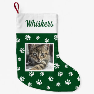 Petite Chaussette De Noël Cute Custom Chat Nom photo Green White Paws