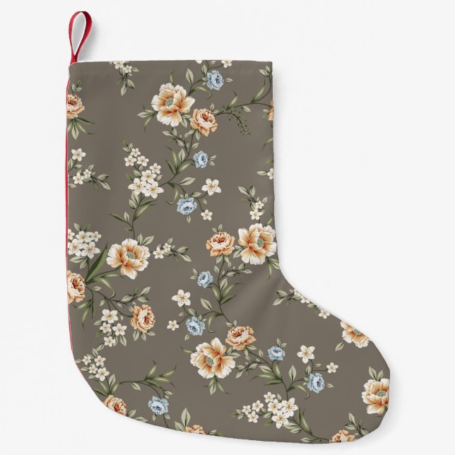 Petite Chaussette De Noël cute flowers with leaves pattern on grey backgroun (Devant)