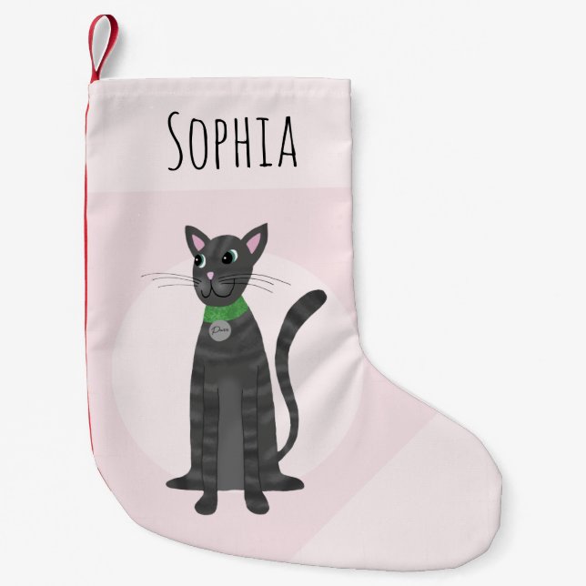 Petite Chaussette De Noël Cute Girl Rose Gris Tabby Chat Cartoon Enfants (Devant)