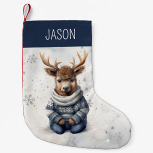 Petite Chaussette De Noël Cute Kids Nom personnalisé Blue and Red Reindeer