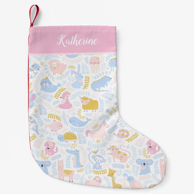 Petite Chaussette De Noël Cute Pastel Zoo Animal Motif Baby Girl Rose (Devant)