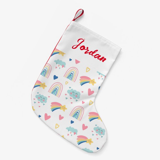 Petite Chaussette De Noël Cute Rainbow Hearts & Clouds Motif (Devant (Accrochage))