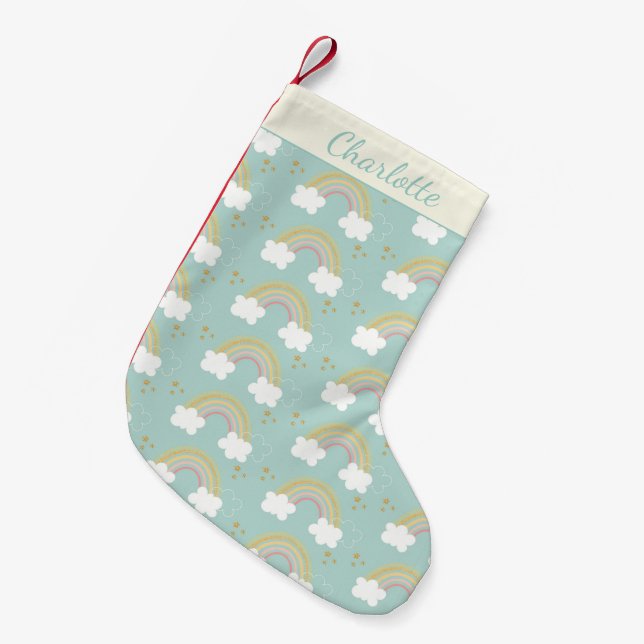 Petite Chaussette De Noël Cute Rainbows en Parties scintillant or bleu Perso (Devant (Accrochage))