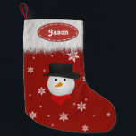 Petite Chaussette De Noël Cute Snowman et Snowflakes - Christmas Stockings<br><div class="desc">Illustration de Noël mignonne : un bonhomme de neige et des flocons de neige sur un arrière - plan rouge à fourrure blanche.</div>