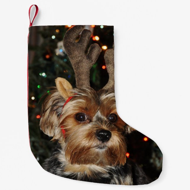 Petite Chaussette De Noël Cute Yorkshire Terrier avec Antlers Reindeer (Devant)